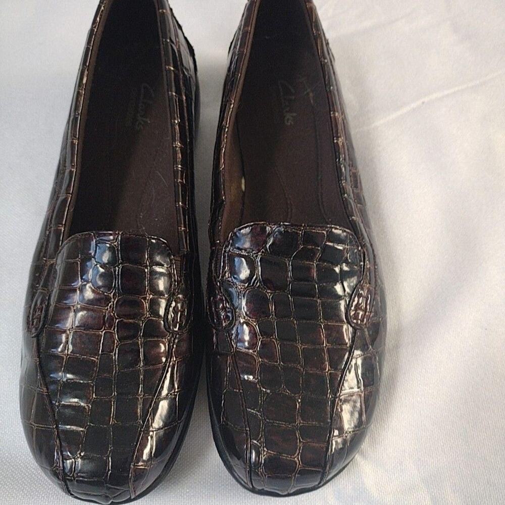Clarks Bendables Shoes Womens Size 11W Brown Croc Print Slip On Loafers Comfort